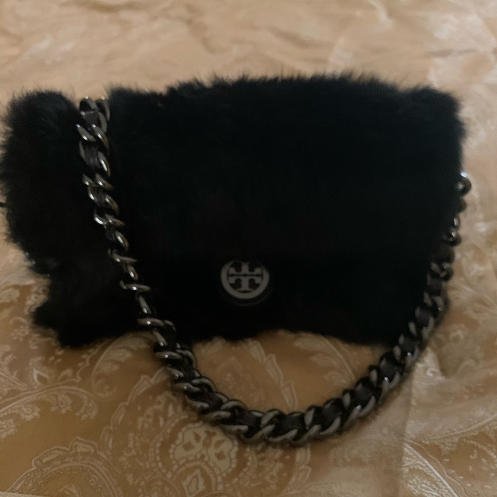 Black fox fur Tory Burch shoulder bag